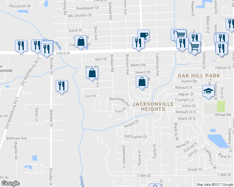 map of restaurants, bars, coffee shops, grocery stores, and more near 8360 Homeport Court in Jacksonville