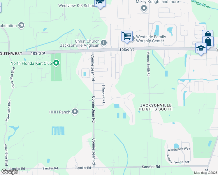 map of restaurants, bars, coffee shops, grocery stores, and more near 5638 Chirping Way West in Jacksonville