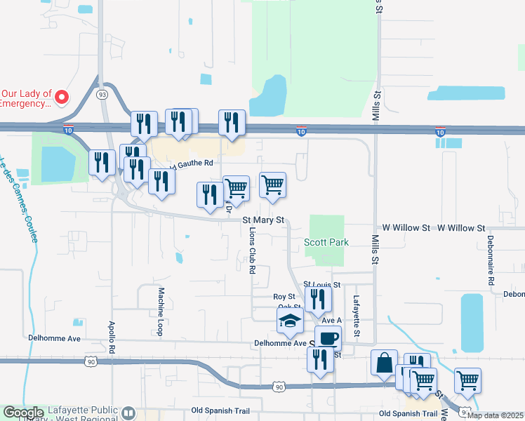 map of restaurants, bars, coffee shops, grocery stores, and more near 1416 Saint Mary Street in Scott