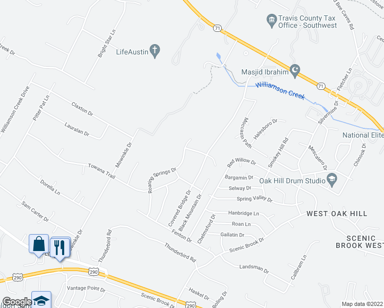map of restaurants, bars, coffee shops, grocery stores, and more near 8717 Foggy Mountain Drive in Austin