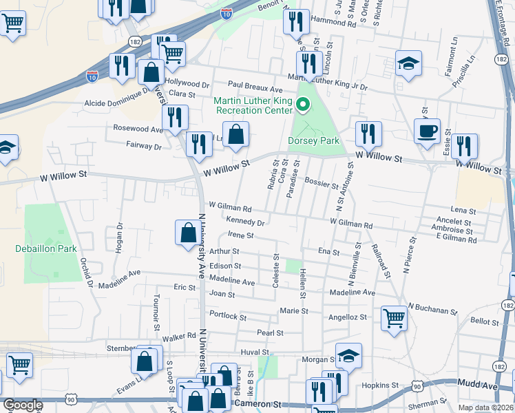 map of restaurants, bars, coffee shops, grocery stores, and more near 1102 West Gilman Road in Lafayette