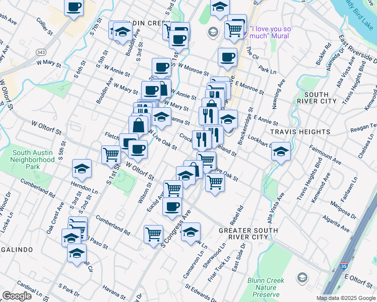 map of restaurants, bars, coffee shops, grocery stores, and more near 2110 Eva Street in Austin