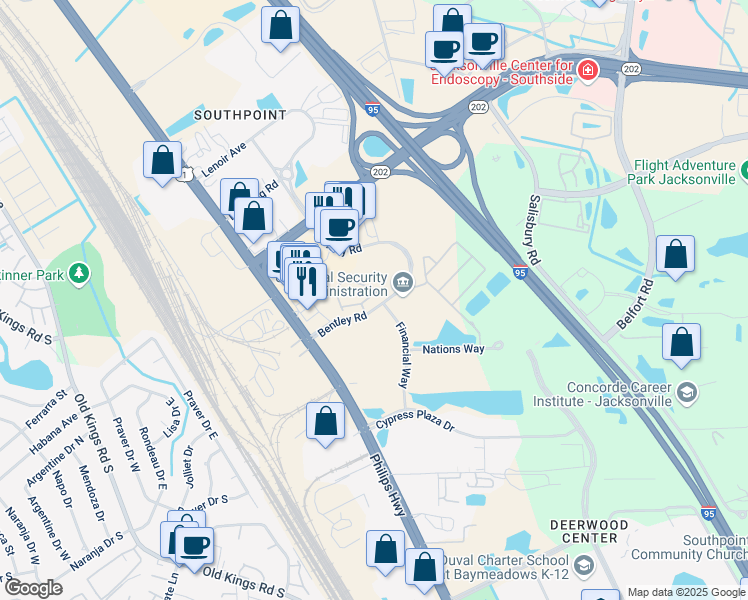 map of restaurants, bars, coffee shops, grocery stores, and more near 7162 Deerfoot Circle in Jacksonville