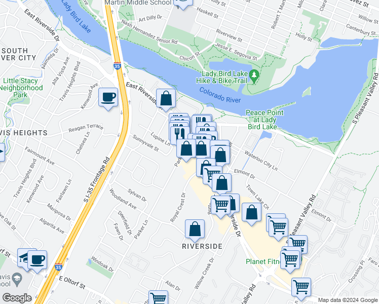 map of restaurants, bars, coffee shops, grocery stores, and more near 1801 East Riverside Drive in Austin