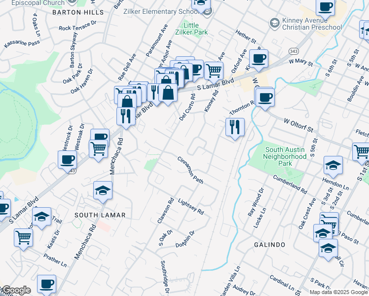 map of restaurants, bars, coffee shops, grocery stores, and more near 1803 Village Oak Ct in Austin