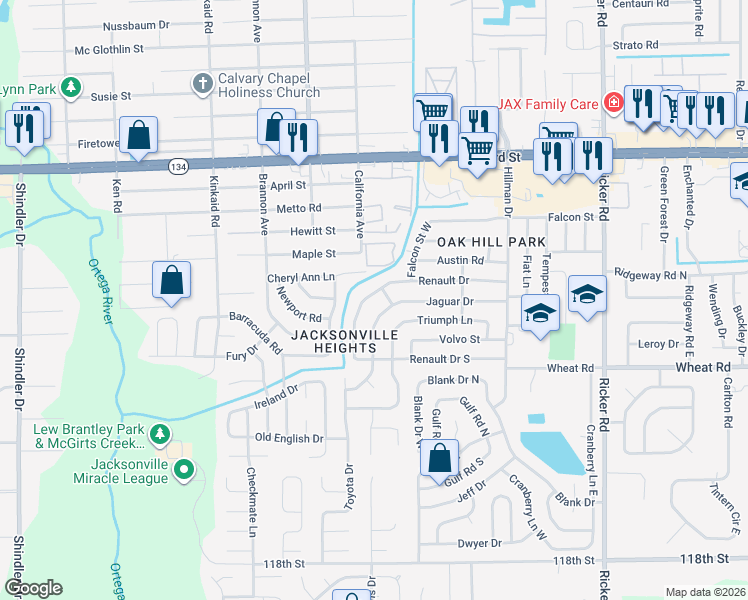 map of restaurants, bars, coffee shops, grocery stores, and more near 5817 Renault Drive West in Jacksonville