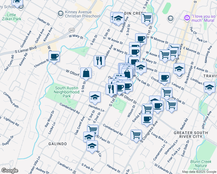 map of restaurants, bars, coffee shops, grocery stores, and more near 704 West Oltorf Street in Austin