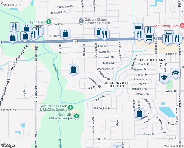 map of restaurants, bars, coffee shops, grocery stores, and more near 8336 Homeport Court in Jacksonville