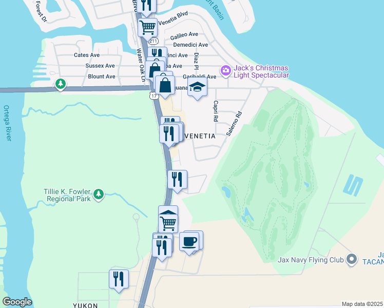 map of restaurants, bars, coffee shops, grocery stores, and more near 5744 Salerno Road West in Jacksonville