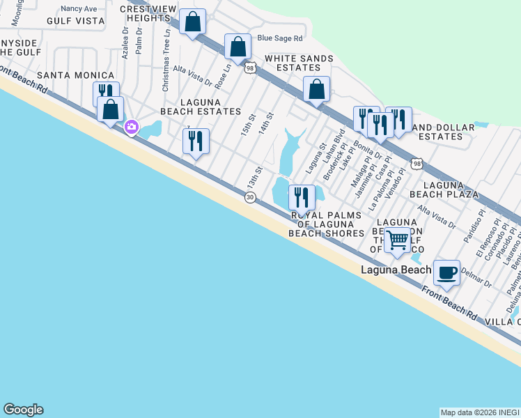 map of restaurants, bars, coffee shops, grocery stores, and more near 19978 Front Beach Road in Panama City