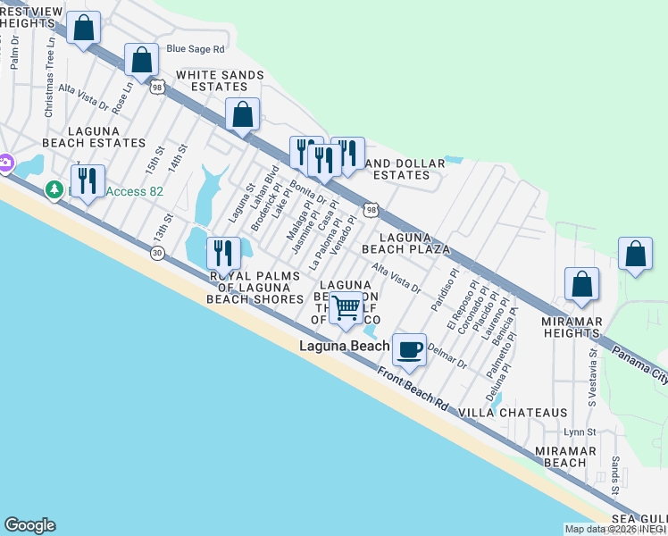 map of restaurants, bars, coffee shops, grocery stores, and more near 213 El Prado Place in Panama City Beach