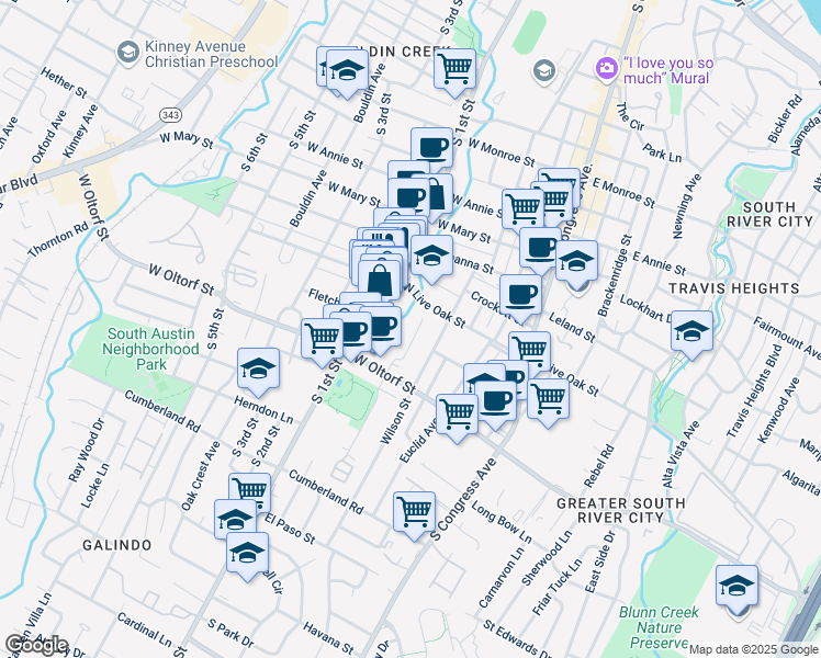 map of restaurants, bars, coffee shops, grocery stores, and more near 2302 Durwood Street in Austin