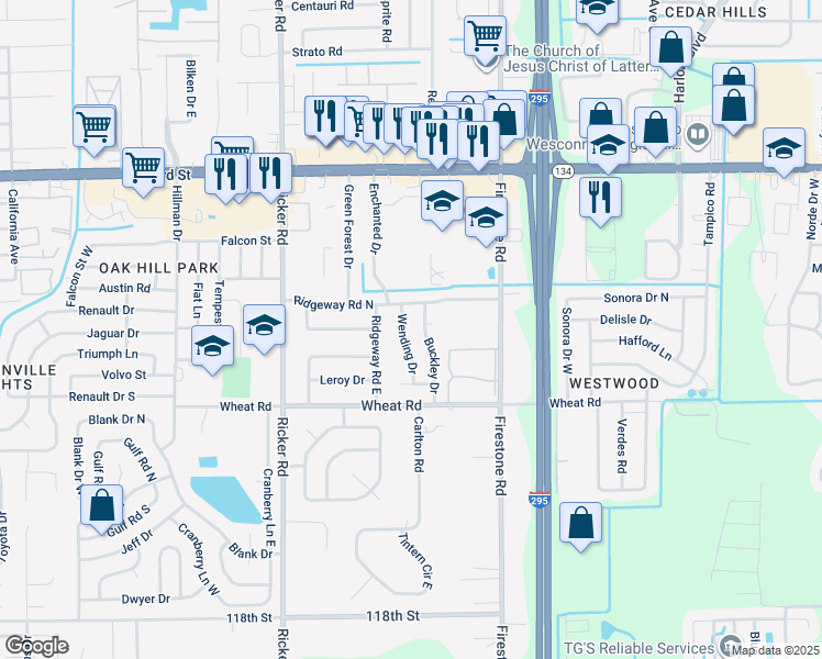 map of restaurants, bars, coffee shops, grocery stores, and more near 5839 Wending Drive in Jacksonville