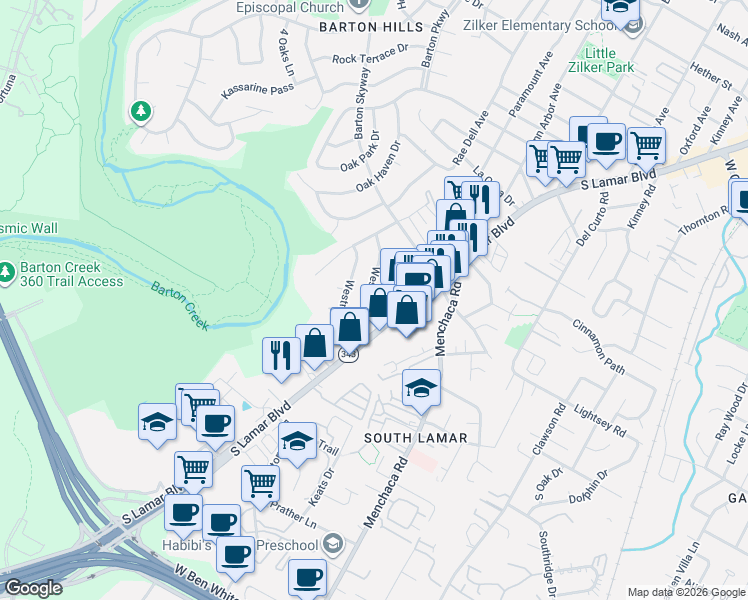 map of restaurants, bars, coffee shops, grocery stores, and more near 2308 Westoak Drive in Austin