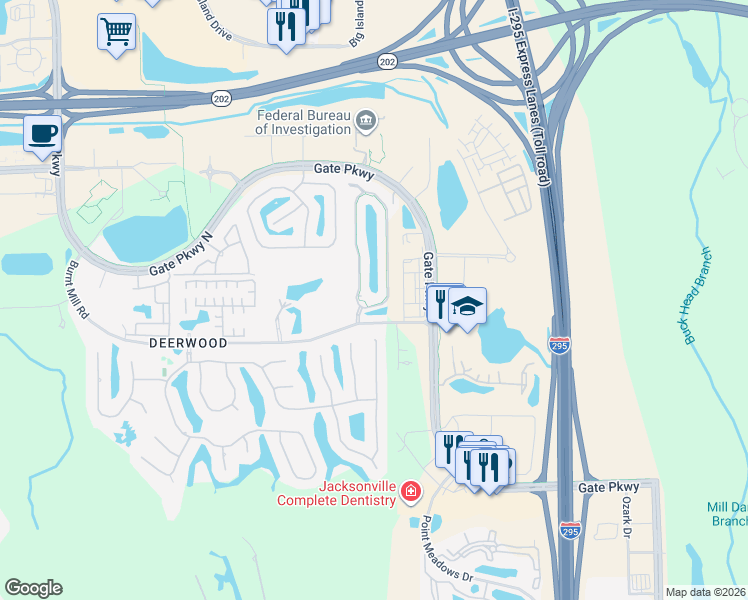 map of restaurants, bars, coffee shops, grocery stores, and more near 7586 Red Crane Lane in Jacksonville