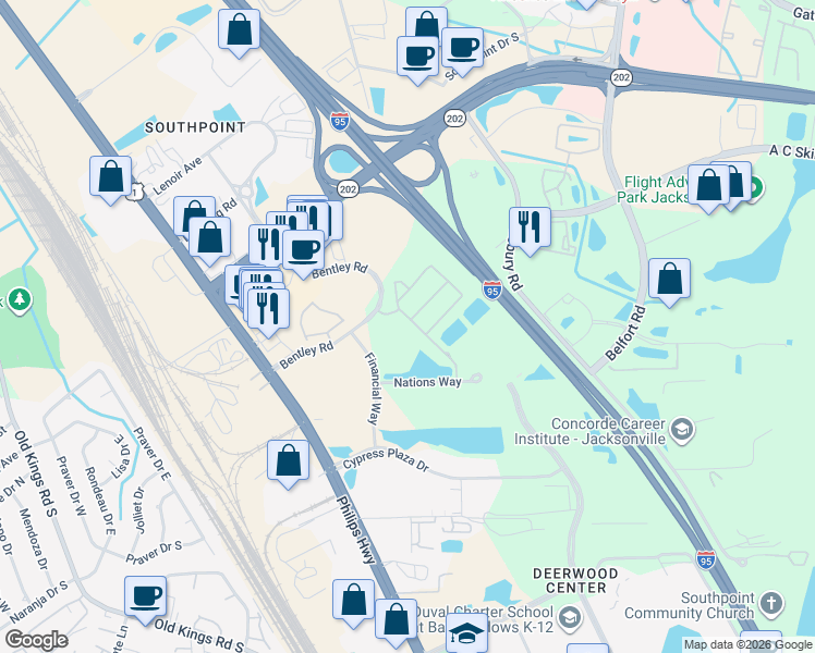 map of restaurants, bars, coffee shops, grocery stores, and more near 8200 White Falls Boulevard in Jacksonville