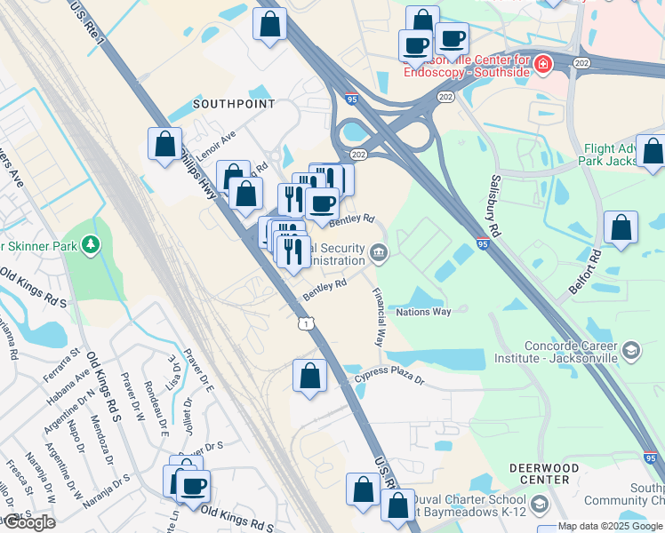 map of restaurants, bars, coffee shops, grocery stores, and more near 7151 Deerfoot Circle in Jacksonville