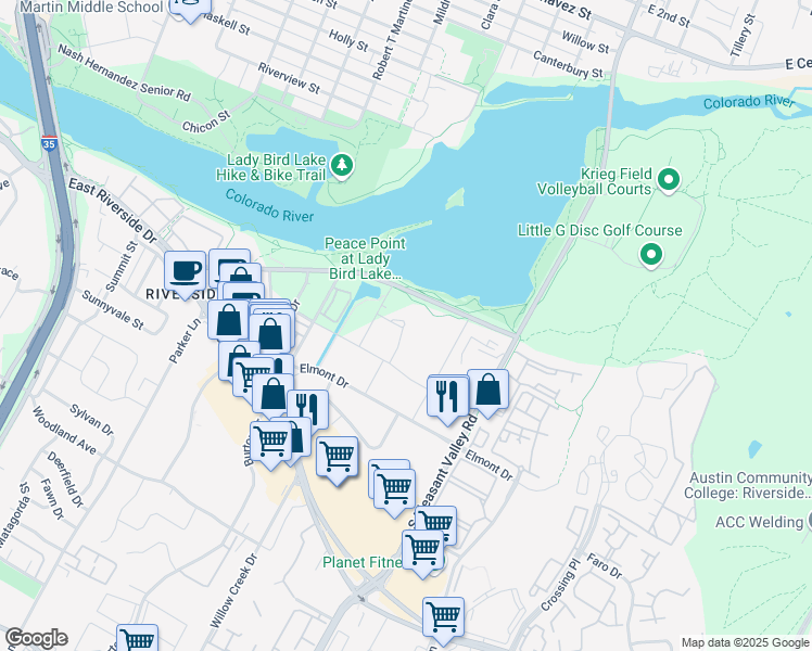 map of restaurants, bars, coffee shops, grocery stores, and more near 2300 Waterloo City Lane in Austin