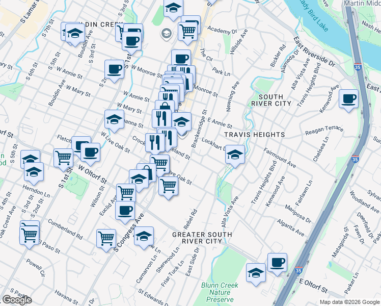 map of restaurants, bars, coffee shops, grocery stores, and more near 2101 Nickerson Street in Austin