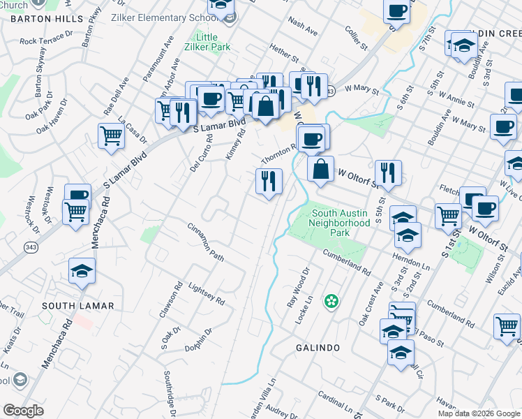 map of restaurants, bars, coffee shops, grocery stores, and more near 2413 Thornton Road in Austin