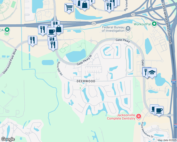 map of restaurants, bars, coffee shops, grocery stores, and more near Unnamed Road in Jacksonville