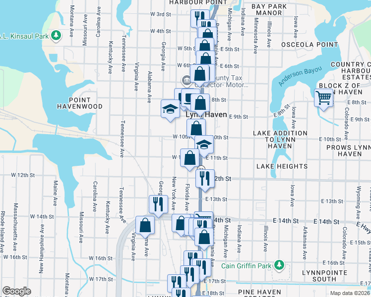 map of restaurants, bars, coffee shops, grocery stores, and more near 1010 Florida Avenue in Lynn Haven