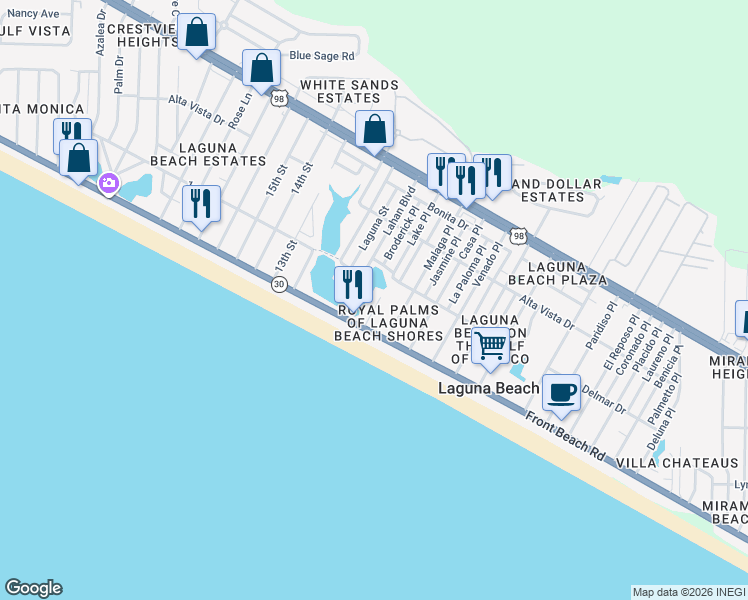 map of restaurants, bars, coffee shops, grocery stores, and more near 109 Lake Place in Panama City Beach