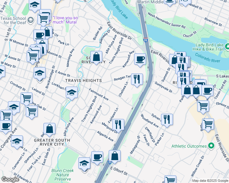 map of restaurants, bars, coffee shops, grocery stores, and more near 1108 Woodland Avenue in Austin