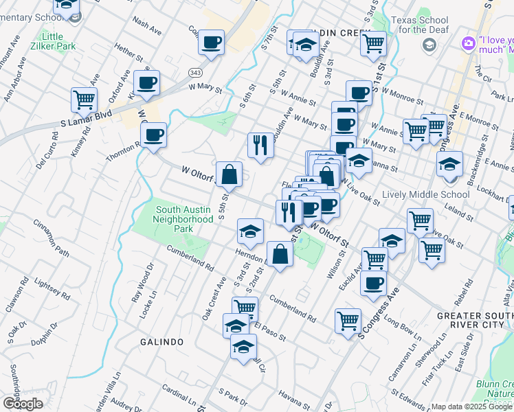 map of restaurants, bars, coffee shops, grocery stores, and more near 809 West Oltorf Street in Austin