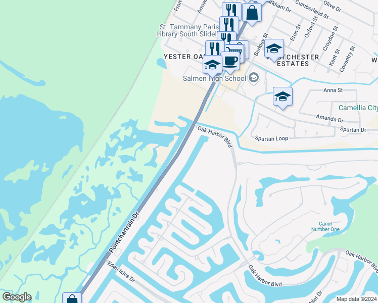 map of restaurants, bars, coffee shops, grocery stores, and more near 4420 Pontchartrain Drive in Slidell