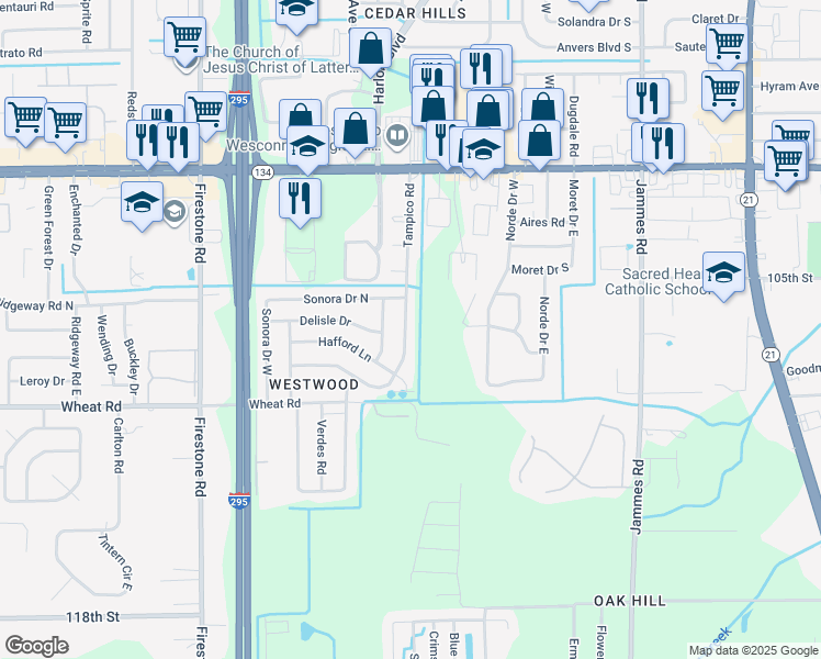 map of restaurants, bars, coffee shops, grocery stores, and more near 5823 Tampico Road in Jacksonville