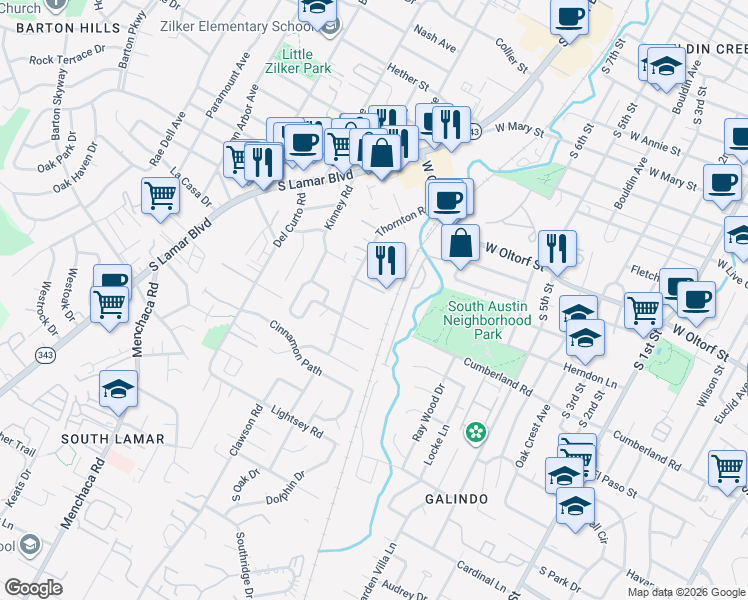 map of restaurants, bars, coffee shops, grocery stores, and more near 2413 Thornton Road in Austin