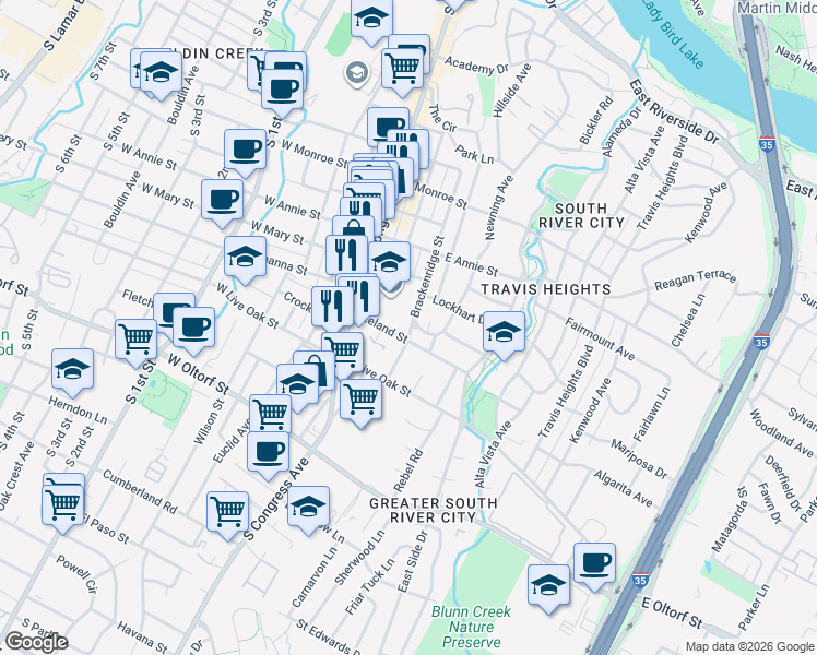 map of restaurants, bars, coffee shops, grocery stores, and more near 2101 Nickerson Street in Austin