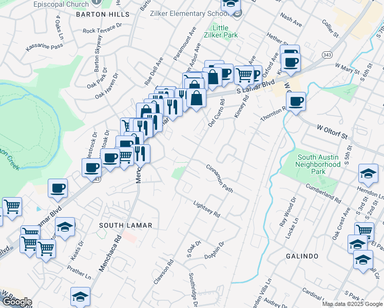 map of restaurants, bars, coffee shops, grocery stores, and more near 2706 1/2 Del Curto Road in Austin