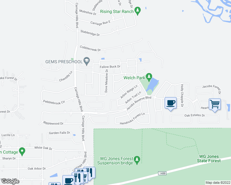 map of restaurants, bars, coffee shops, grocery stores, and more near 67 Chestnut Meadow Drive in Conroe