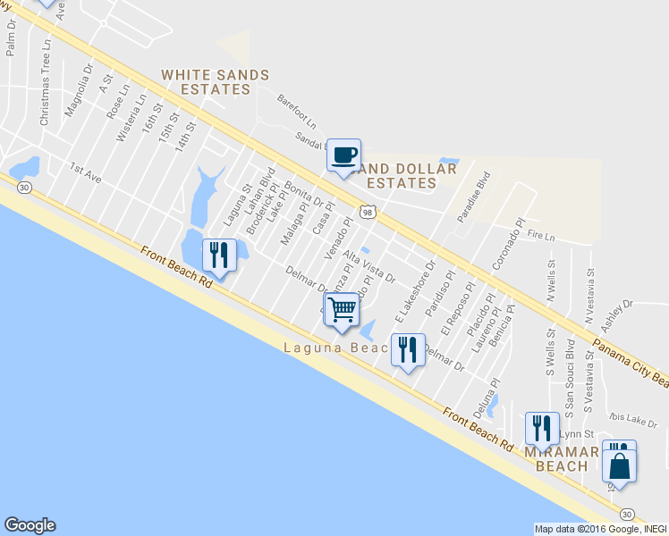 map of restaurants, bars, coffee shops, grocery stores, and more near 213 El Prado Place in Panama City Beach