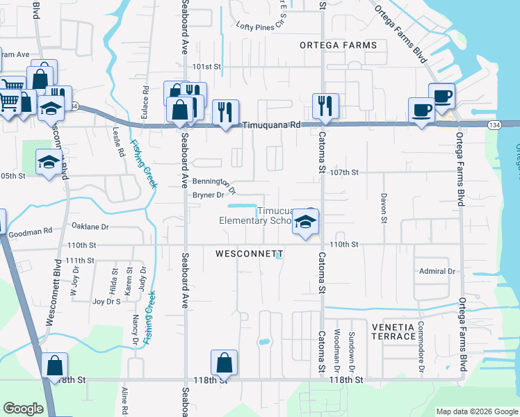 map of restaurants, bars, coffee shops, grocery stores, and more near 5820 Liska Drive in Jacksonville