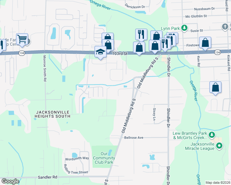 map of restaurants, bars, coffee shops, grocery stores, and more near 9111 Country Mill Lane in Jacksonville