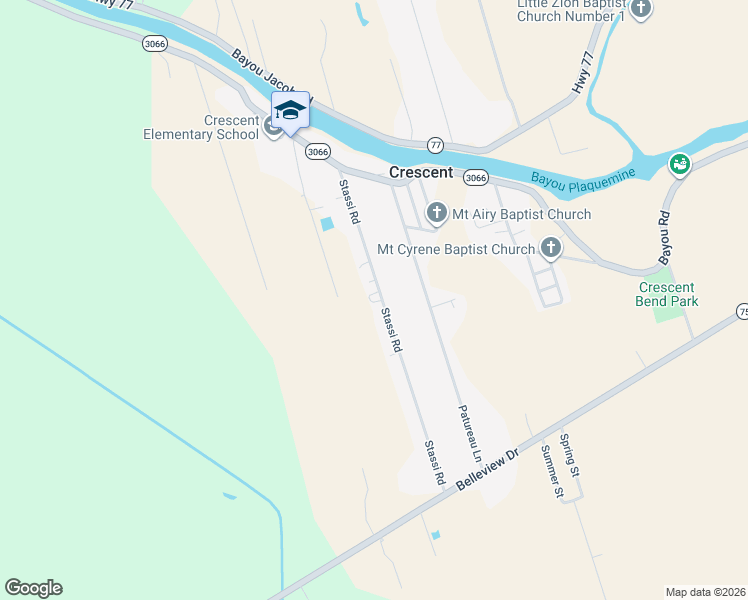 map of restaurants, bars, coffee shops, grocery stores, and more near 25008 Stassi Road in Plaquemine