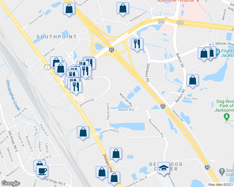 map of restaurants, bars, coffee shops, grocery stores, and more near 8200 White Falls Boulevard in Jacksonville