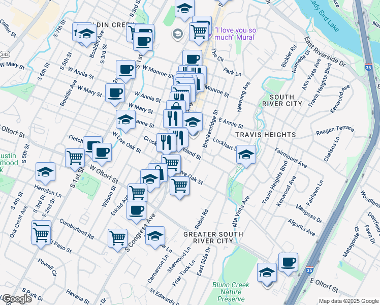 map of restaurants, bars, coffee shops, grocery stores, and more near 2101 Nickerson Street in Austin