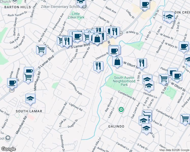 map of restaurants, bars, coffee shops, grocery stores, and more near 2413 Thornton Road in Austin