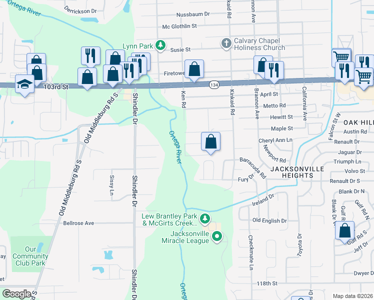 map of restaurants, bars, coffee shops, grocery stores, and more near 8572 Cheryl Ann Lane in Jacksonville