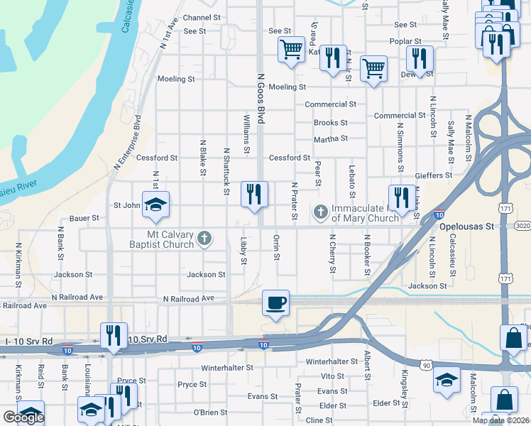 map of restaurants, bars, coffee shops, grocery stores, and more near 414 N Goos Blvd in Lake Charles
