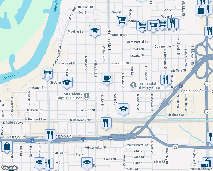 map of restaurants, bars, coffee shops, grocery stores, and more near 414 N Goos Blvd in Lake Charles