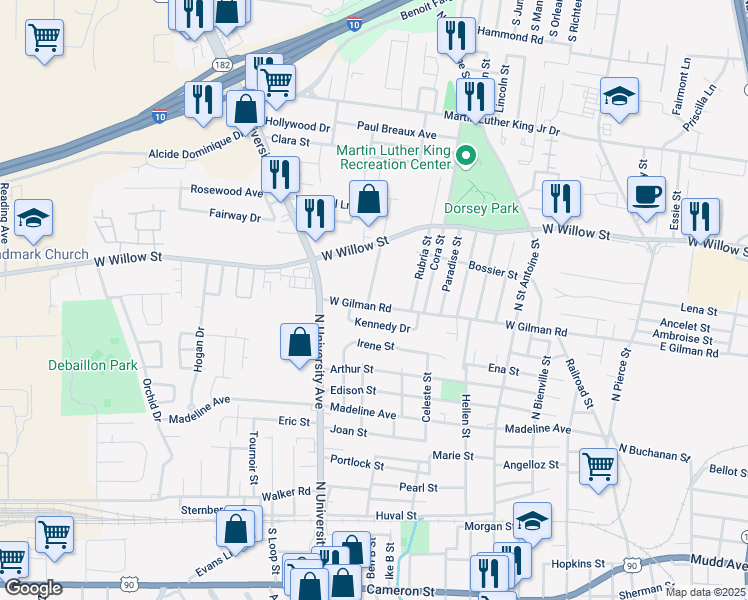 map of restaurants, bars, coffee shops, grocery stores, and more near 1102 West Gilman Road in Lafayette