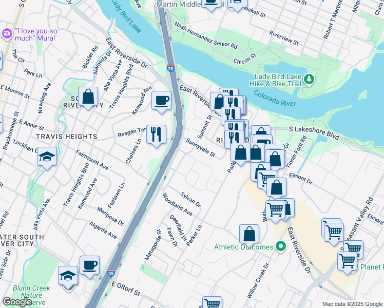 map of restaurants, bars, coffee shops, grocery stores, and more near 1600 Elmhurst Drive in Austin