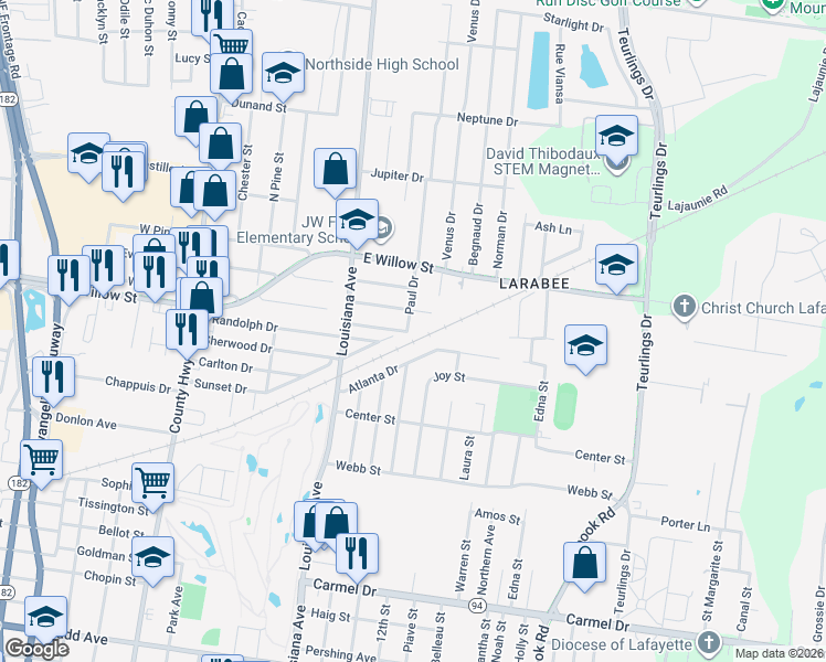 map of restaurants, bars, coffee shops, grocery stores, and more near 307 Paul Drive in Lafayette