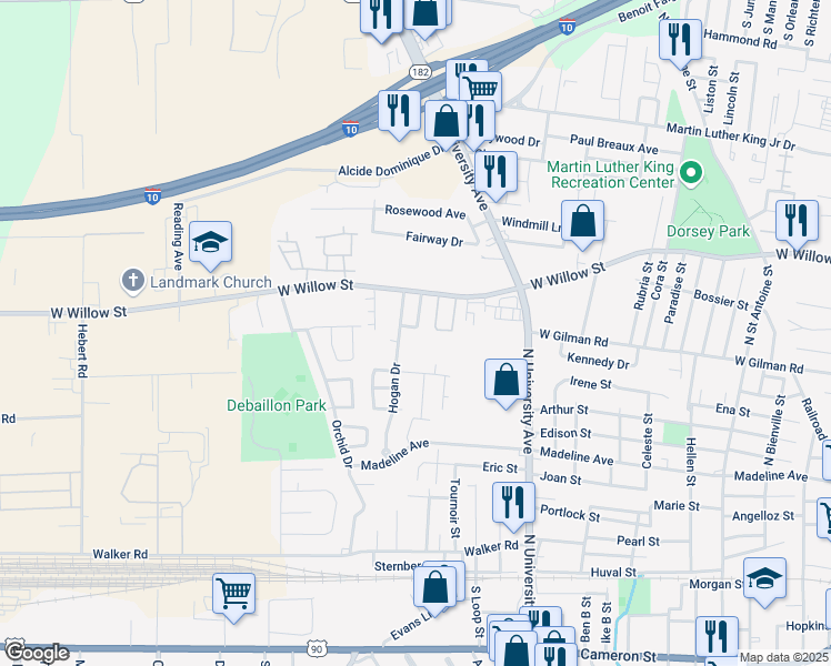 map of restaurants, bars, coffee shops, grocery stores, and more near 1307 West Willow Street in Lafayette