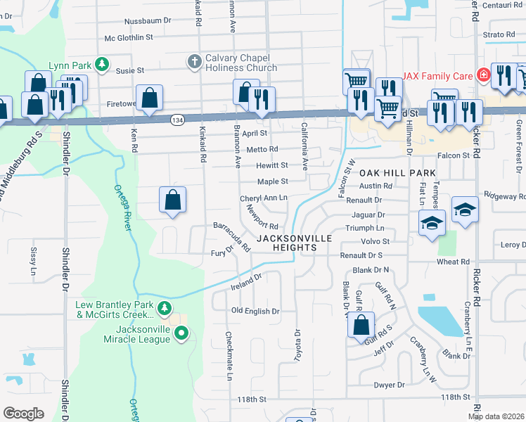 map of restaurants, bars, coffee shops, grocery stores, and more near 8226 Galaxie Drive in Jacksonville